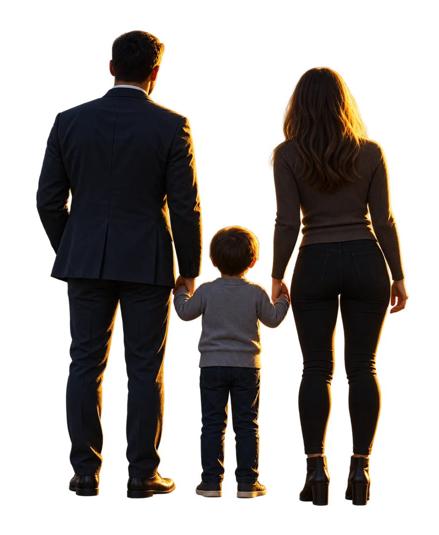 A family together at a mountain lake
