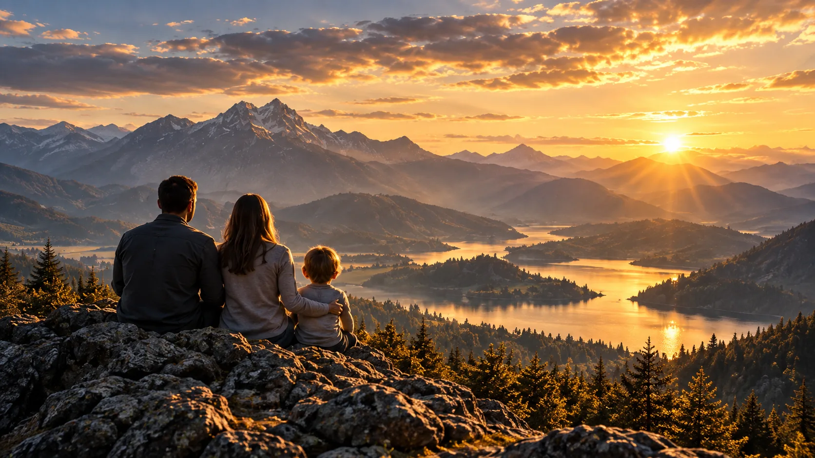 A family together overlooking a mountain lake